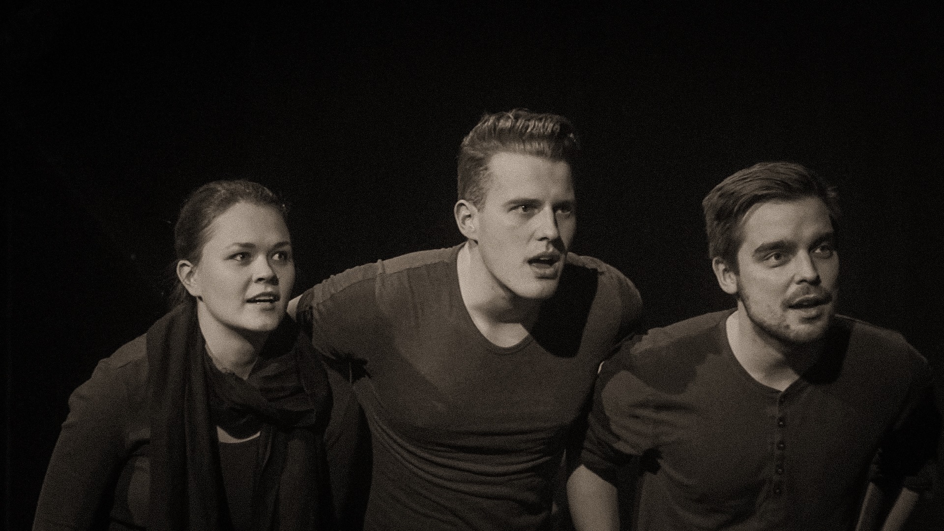 Ance Strazda, Reinis Boters, Klāvs Mellis izrādē "Trīs stāsti" (2015) // Foto – Rinalds Zelts