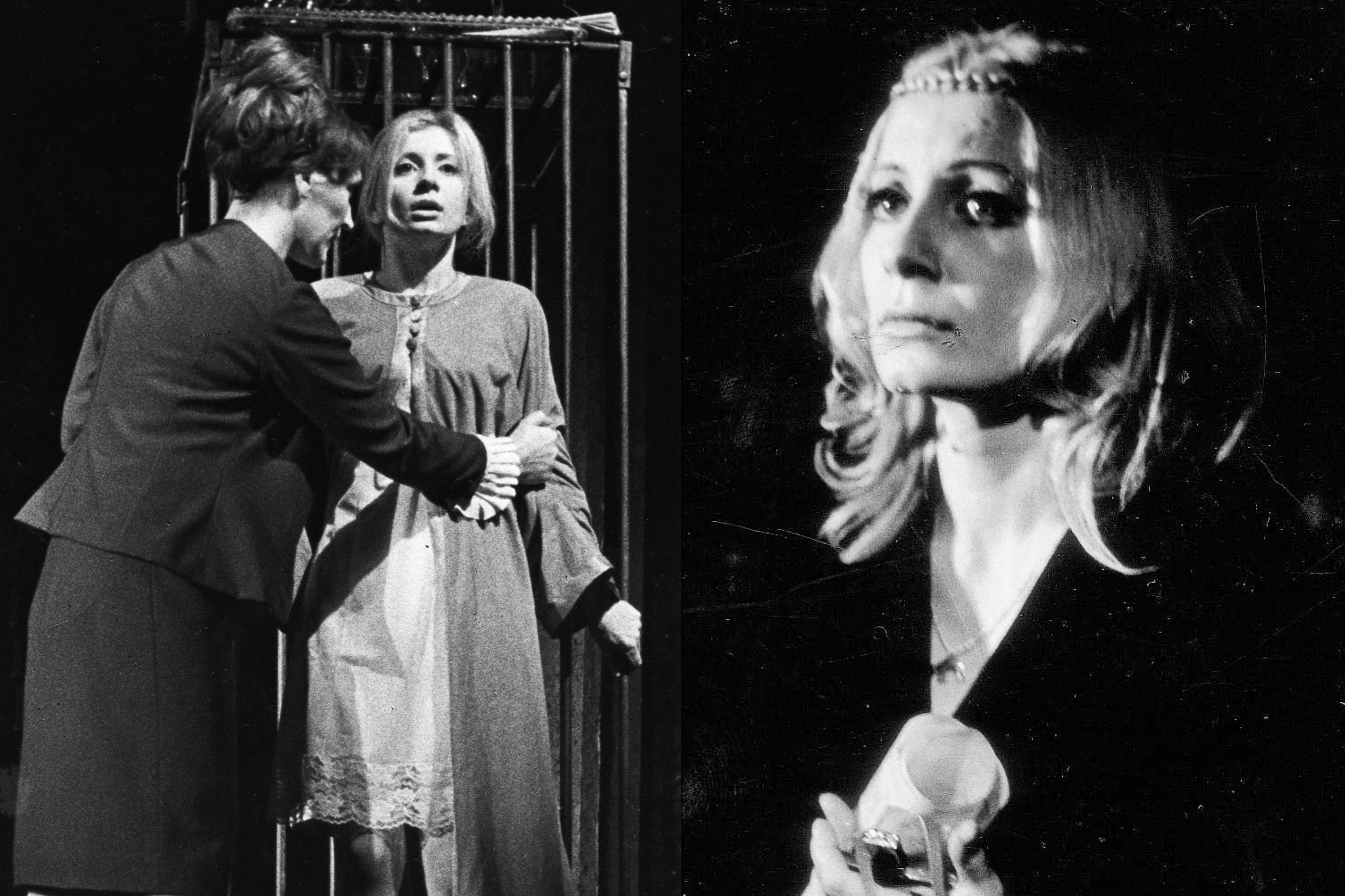 No kreisās: T. Viljamss "Stikla zvērnīca" (1969, rež. M. Ķimele). Vera Šneidere - Amanda, Aina Karele - Laura; Aina Karele - Marija Stjuarte F. Šillera „Marijā Stjuartē” (1976. rež. O. Kroders) // Liepājas teātra arhīva foto