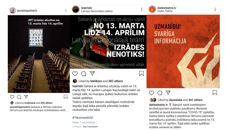 Ekrānšāviņi no teātru Instagram kontu paziņojumiem