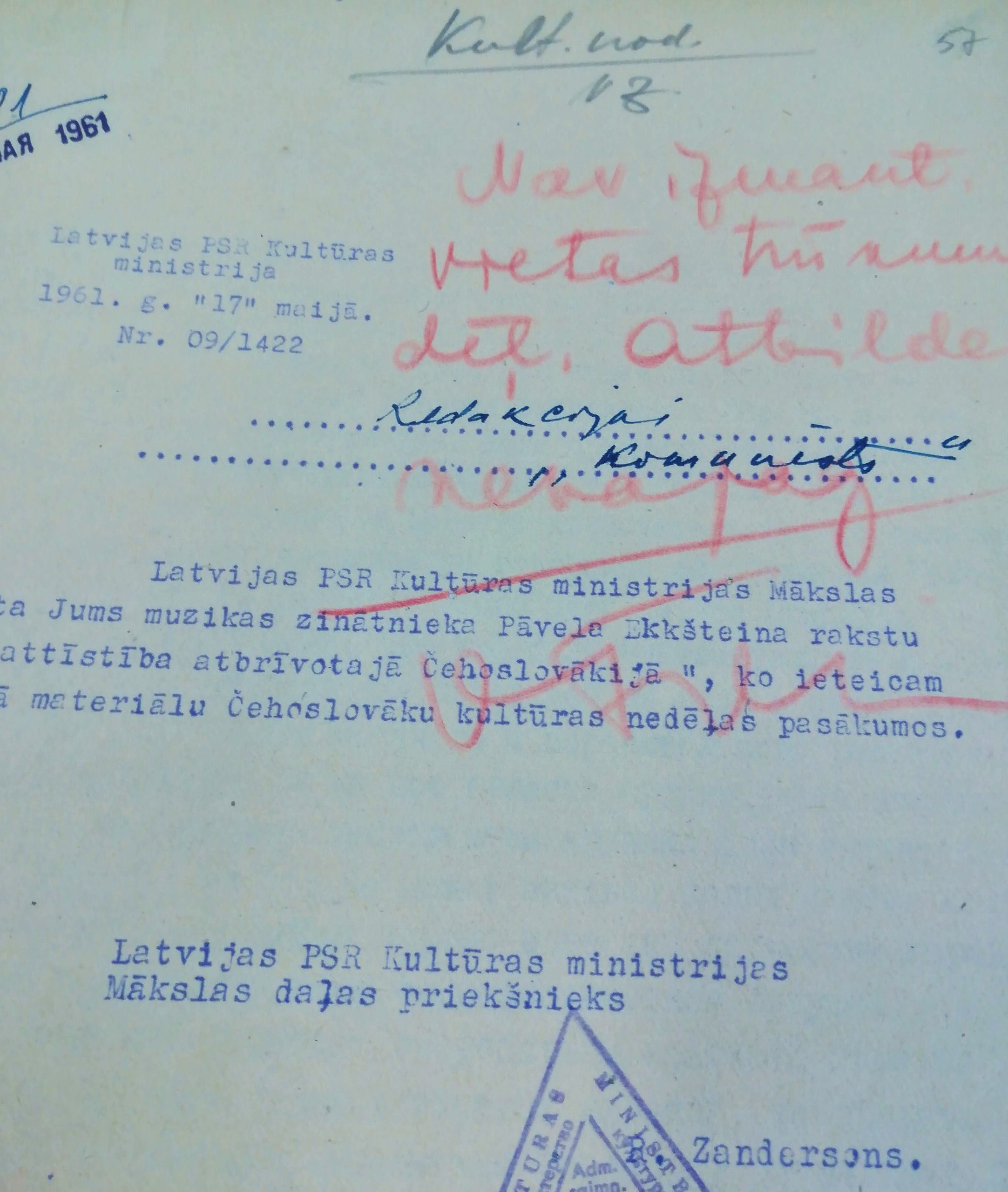 4. V. Freimanes vīzēts dokuments laikraksta "Komunists" redakcijā. Liepājas zonālā valsts arhīva krājums 464/2/25.