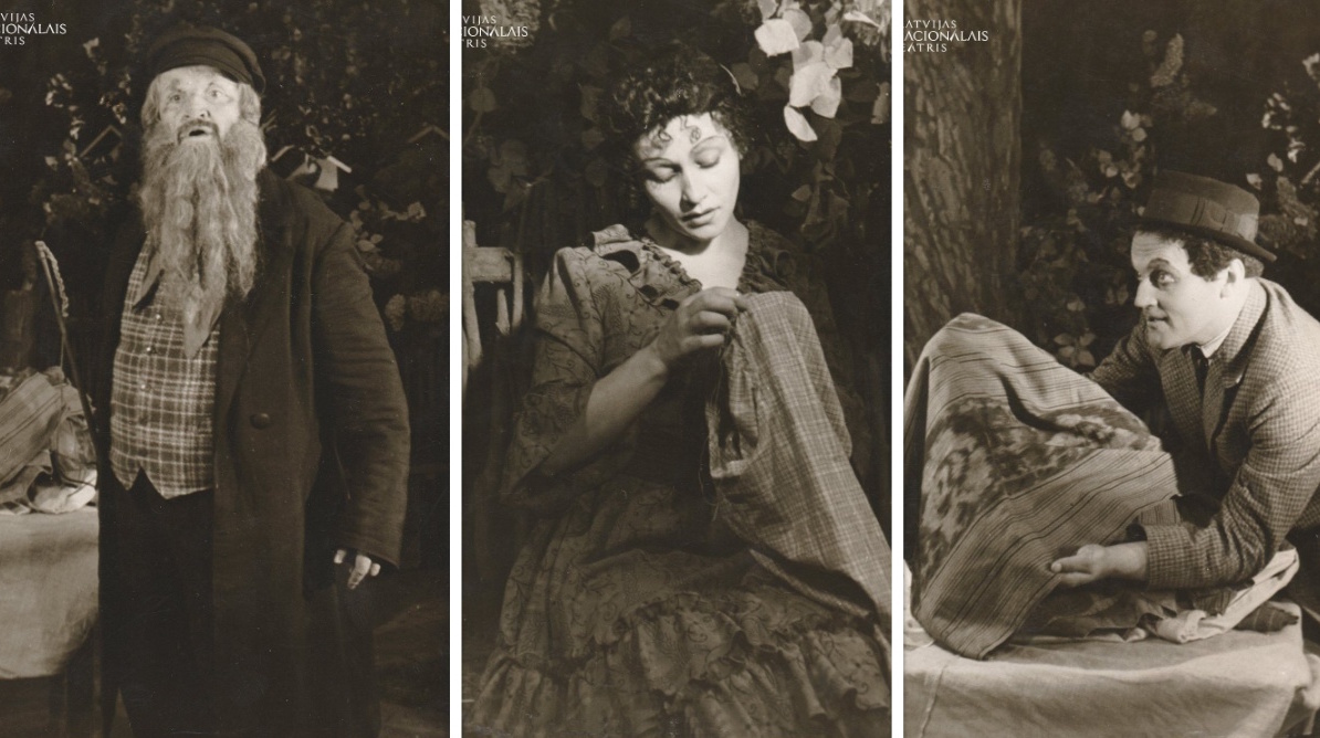 "Skroderdienas Silmačos" Drāmas (Nacionālajā) teātrī (1941, rež. O. Uršteins). Ābrams - Jānis Lejiņš, Zara - Paula Brīvkalne, Joske - Rihards Zandersons // Foto: 100.teatris.lv