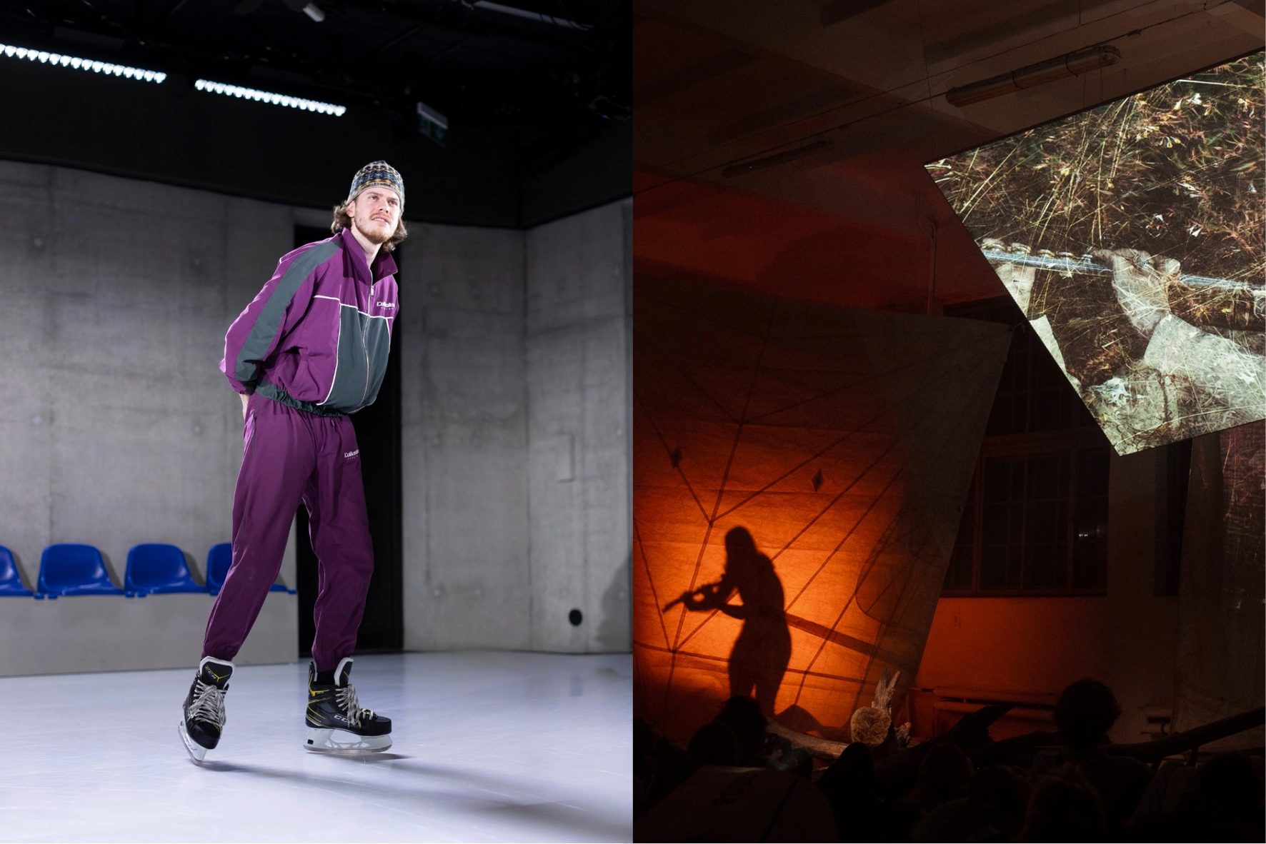 Pa kreisi: skats no JRT izrādes "Ledus garša". Pa labi: skats no izrādes "Ummis un lobēlija" festivālā "Homo Novus" 2025 // Publicitātes foto