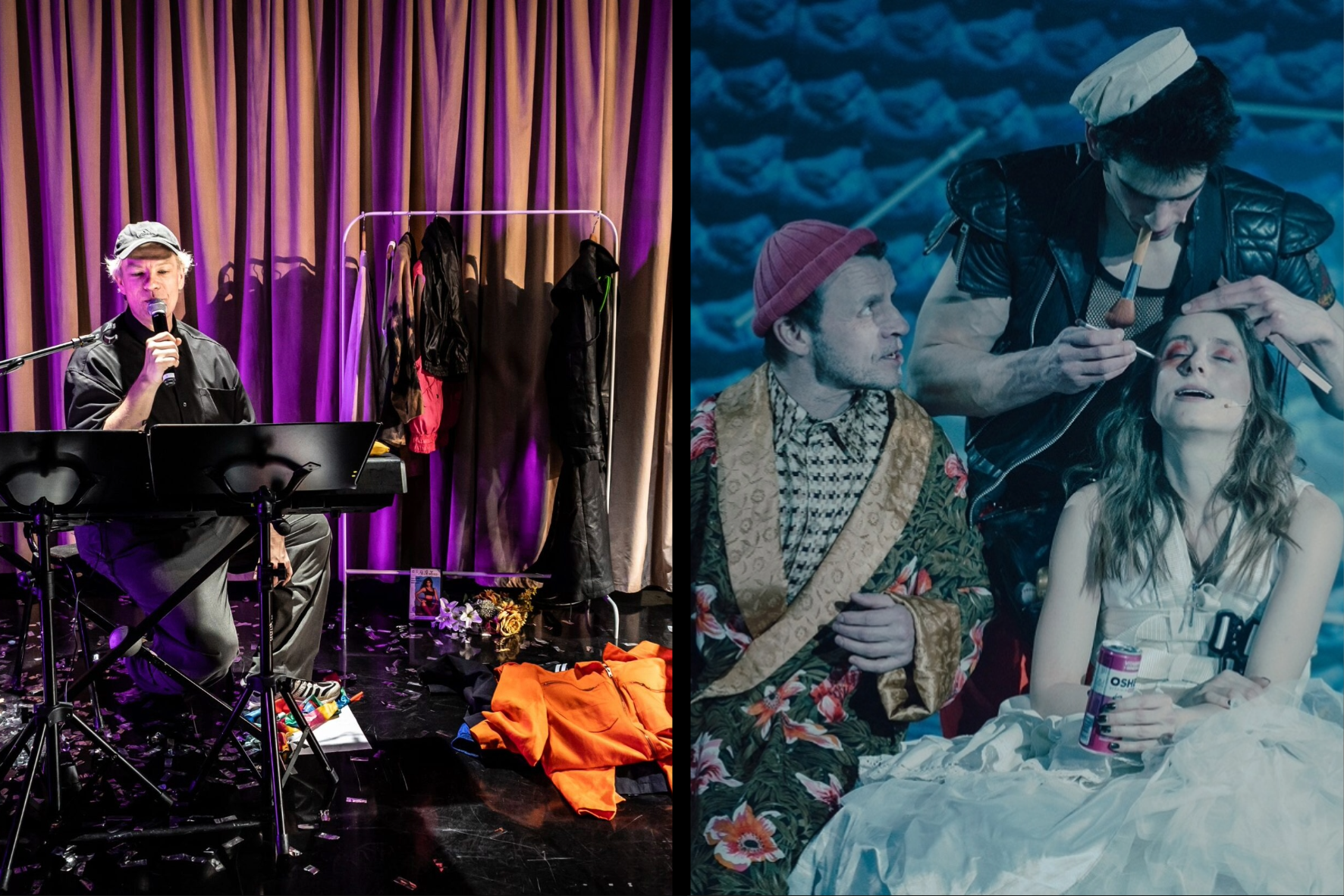 Pa kreisi: skats no Cezarija Tomaševska soloizrādes "I’m fine" ("Teatr Studio"). Pa labi: skats no Varšavas Dramatiskā teātra izrādes "Čūsku valdzināšana karstos vakaros" (rež. Jans Jelinskis) // Publicitātes foto – Natalia Kabanow, Karolina Jóźwiak 